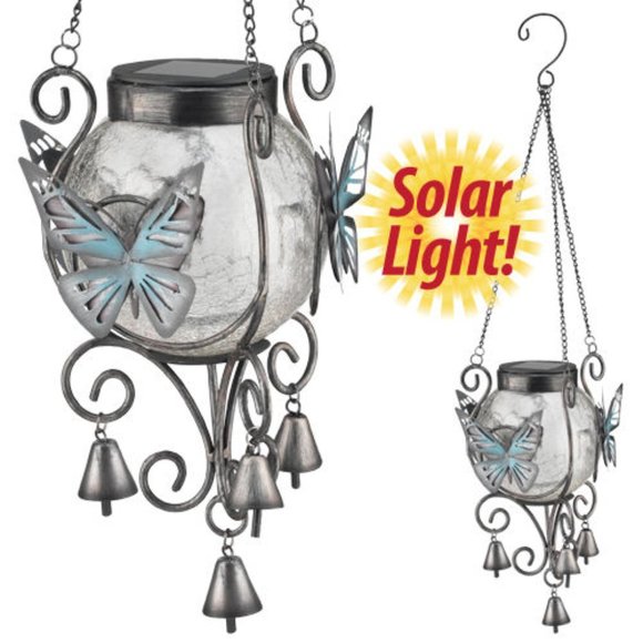 Solar Blue Lantern with Bells & Butterfly NEW - Picture 1 of 3